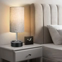 New 🔥 3-Color Temperature Bedside Lamp, Nightstand Lamp With USB Port And AC Outlet, Table Lamp For Bedroom With LED Bulb Small Lamps For Living Room (Gray) 😉 -Lighting & Ceiling Fans Shop 411qOLyxmNL