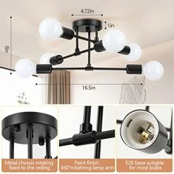 Best Pirce 🛒 Modern Sputnik Chandelier Ceiling Light Fixture, 6-Light Black Mid Century Semi Flush Mount Ceiling Lights For Bedroom, Dining Room, Living Room, Kitchen, Office (W:16.5",H:8") ⭐ -Lighting & Ceiling Fans Shop 414ToTIldKL
