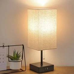 Best Sale โค๏ธ Bedside Table Lamp, Pull Chain Table Lamp With 2 USB Charging Ports, 2700K LED Bulb, Fabric Linen Lampshade, Nightstand Lamp For Livingroom Bedroom Office Reading Working White ๐