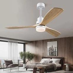 Best deal 💯 52” Ceiling Fans With Lights Remote Control,Indoor Outdoor Wood Ceiling Fan With 3 Blade For Patio Living Room, Bedroom, Office, ☀️ Summer House, Etc Nature Wood Blades White Body 🎉 -Lighting & Ceiling Fans Shop 41By7y1DAZL. AC