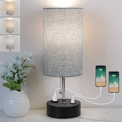 New 🔥 3-Color Temperature Bedside Lamp, Nightstand Lamp With USB Port And AC Outlet, Table Lamp For Bedroom With LED Bulb Small Lamps For Living Room (Gray) 😉 -Lighting & Ceiling Fans Shop 41MOXLGlL. AC