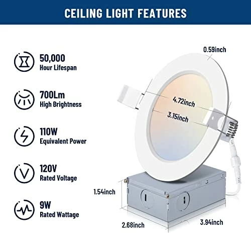 Promo ✨ 12 Pack 4 Inch Ultra-Thin LED Recessed Ceiling Light With Junction Box, 5CCT Dimmable 2700K/3000K/4000K/5000K/6000K, 9W 700lm Can Killer Downlight-ETL And Energy Star Certified 2700k-6000k-4in ✨ 4 Promo ✨ 12 Pack 4 Inch Ultra-Thin LED Recessed Ceiling Light With Junction Box, 5CCT Dimmable 2700K/3000K/4000K/5000K/6000K, 9W 700lm Can Killer Downlight-ETL And Energy Star Certified 2700k-6000k-4in ✨ - Image 2