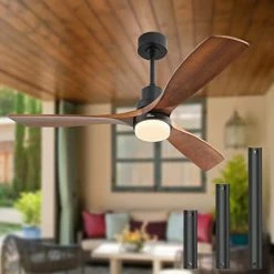 Discount 🎉 52'' Ceiling Fans With Lights Remote Control, 3 Down Rods Outdoor Ceiling Fan With Remote, Dimmable LED Light, Noiseless Motor & 3 Reversible Wood Blades Light Yellow Blades+white Body+no Light ✔️