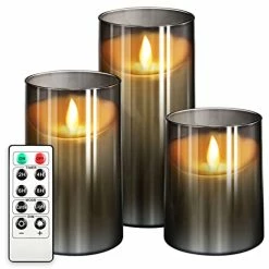 Outlet β Flickering Flameless Candles: LED Pillar Candles With Imitation Glass - Acrylic Battery Candles With Remote And Timer, Pack Of 3 (D:3" X H:4" 5" 6") & Grayβ¦ π€©