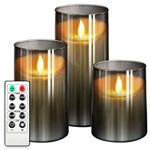Outlet ⭐ Flickering Flameless Candles: LED Pillar Candles With Imitation Glass - Acrylic Battery Candles With Remote And Timer, Pack Of 3 (D:3" X H:4" 5" 6") & Gray… 🤩 3 Outlet ⭐ Flickering Flameless Candles: LED Pillar Candles With Imitation Glass - Acrylic Battery Candles With Remote And Timer, Pack Of 3 (D:3" X H:4" 5" 6") & Gray… 🤩