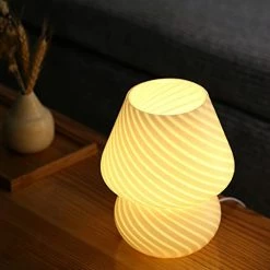 Budget ✔️ Mushroom Lamp,Glass Table Bedside Lamps Translucent Murano Vintage Style Striped Small Night Mushroom Decor Light Swirl For Ambient,Kids,Bedroom,Living,Girl Gift (Stripe White) 🧨 -Lighting & Ceiling Fans Shop 41dwfpY8kxS