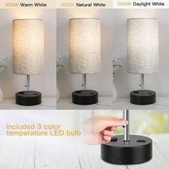 New 🔥 3-Color Temperature Bedside Lamp, Nightstand Lamp With USB Port And AC Outlet, Table Lamp For Bedroom With LED Bulb Small Lamps For Living Room (Gray) 😉
