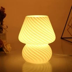 Budget ✔️ Mushroom Lamp,Glass Table Bedside Lamps Translucent Murano Vintage Style Striped Small Night Mushroom Decor Light Swirl For Ambient,Kids,Bedroom,Living,Girl Gift (Stripe White) 🧨 -Lighting & Ceiling Fans Shop 41ilbzXQLPL