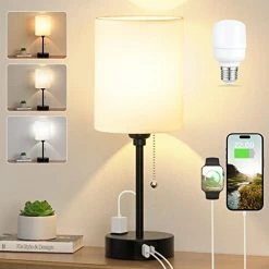 Best reviews of ๐ฅ Small Bedroom Lamps 3 Color Temperatures - 2700K 3500K 5000K Bedside Lamps With USB C And A Ports, Pull Chain Table Lamps With AC Outlet, White Nightstand Lamps With Black Metal Base For Kids Reading ๐