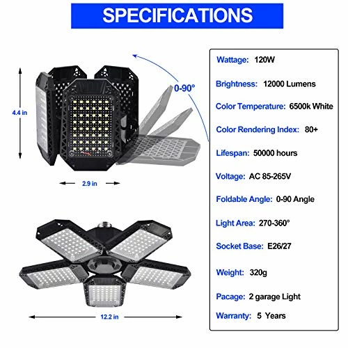 Flash Sale π 2 Pack LED Garage Lights, 120W Deformable LED Garage Ceiling Lights With 5 Adjustable Panels, 12000LM E26 LED Shop Lights For Garage, Basement, Barn, High Bay Light (2 Pack) π€© 7 Flash Sale π 2 Pack LED Garage Lights, 120W Deformable LED Garage Ceiling Lights With 5 Adjustable Panels, 12000LM E26 LED Shop Lights For Garage, Basement, Barn, High Bay Light (2 Pack) π€© - Image 5