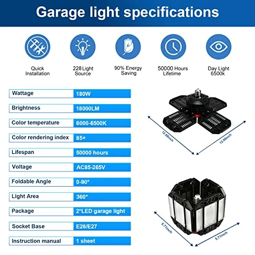 Budget π Garage Lights Ceiling Led 12 Panel Plug In Shop Lights 180W 18000 LM 6500K Garage Lights Ceiling LED,12 Leaf Deformable Multi-Position Panels Garage Lights E26 E27 Base,for Barn,Workshop,Basement β€οΈ 5 Budget π Garage Lights Ceiling Led 12 Panel Plug In Shop Lights 180W 18000 LM 6500K Garage Lights Ceiling LED,12 Leaf Deformable Multi-Position Panels Garage Lights E26 E27 Base,for Barn,Workshop,Basement β€οΈ - Image 3