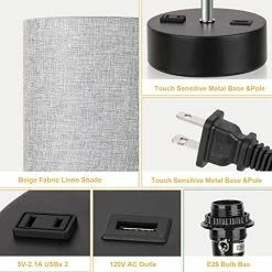 New 🔥 3-Color Temperature Bedside Lamp, Nightstand Lamp With USB Port And AC Outlet, Table Lamp For Bedroom With LED Bulb Small Lamps For Living Room (Gray) 😉 -Lighting & Ceiling Fans Shop 51KfxEr7BIL