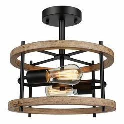 Wholesale 😍 2-Light Retro Semi Flush Mount Ceiling Light Fixture, Rustic Vintage Wood Ceiling Light Black Metal, Industrial Farmhouse Ceiling Lamp For Hallway Entryway Bedroom Balcony Farmhouse Dining Room Cherry 👏