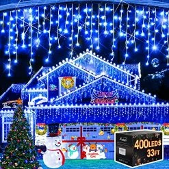 Coupon ⭐ Christmas Decorations Lights Outdoor, 400 LED 32.8 FT 8 Modes 75 Drops Fairy String Curtain Lights For 🎄 Christmas Decor Eaves Window Party Yard Garden Indoor (Blue) 💯